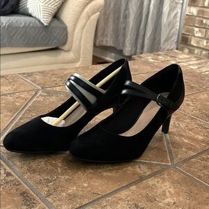 Never worn black suede & faux leather heels by Clarks. Size 9.